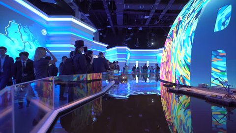 ASTANA, Kazakhstan - June 10, 2017: Russian Expo pavilion with futuristic screen with future energy concept
