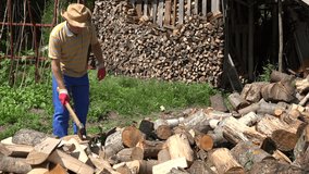 young farmer man split big log with vintage axe in village yard near firewood pile. video clip.