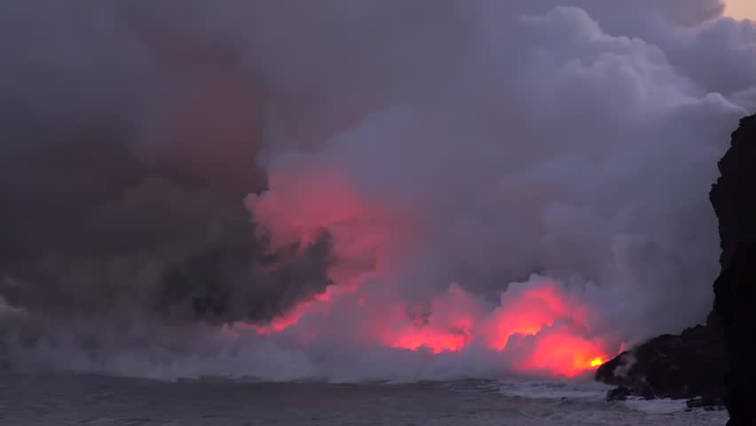 Lava flows into the ocean. Kilauea Volcano, Hawaii Big Island, USA.