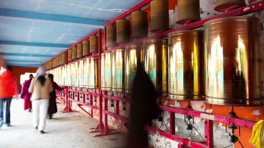 Bronze prayer wheel spinning in the Lama Temple,sichua,china, timelapse