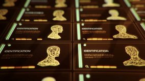 Abstract background from futuristic interface on touch display with holographic symbols humans, fingerprints, Earth globes, helix of DNA, internet or servers connection. Animation of seamless loop. - Powered by Shutterstock - Get 15% off with code: PIKWIZARD15