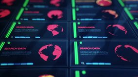 Abstract background from futuristic interface on touch display with holographic symbols humans, fingerprints, Earth globes, helix of DNA, internet or servers connection. Animation of seamless loop. - Powered by Shutterstock - Get 15% off with code: PIKWIZARD15