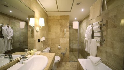YEREVAN - JAN 5, 2017: Lights turn off and turn on in the bathroom in the Hotel National. Business-class National Hotel, part of the international group Luxury Group, was opened in 2015