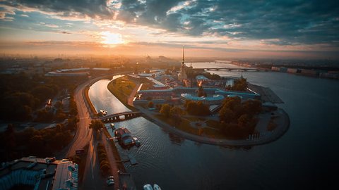 Aerial shot of the Peter and Paul fortress on Zayachy island, historical city center of Saint-Petersburg, Russia