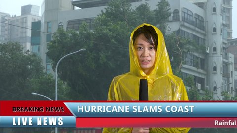 Asian Weather reporter reporting on hurricane, live news with lower thirds