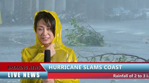 Asian Weather reporter reporting on hurricane, live news with lower thirds