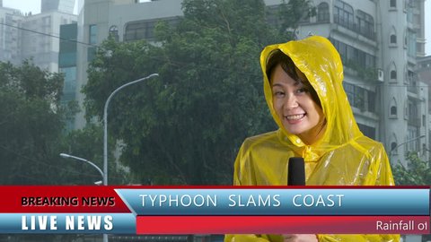 Asian Weather reporter reporting on typhoon, live news with lower thirds