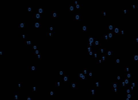 Blue binary code streams across a dark background