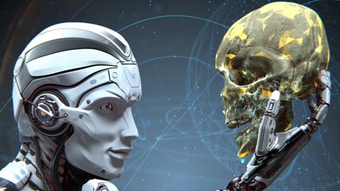 Artificial Intelligence concept. Robot holding with arm and observing human skull in Evolved Cybernetic organism world against futuristic digital background 