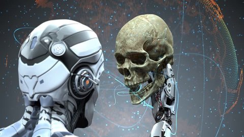 Artificial Intelligence concept. Robot holding with arm and observing human skull in Evolved Cybernetic organism world against futuristic digital background  – Stockvideo