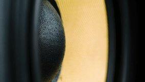 Close up at moving sub-woofer. Speaker part. Black and yellow colors of membrane. Concept of musical instrument. macro video shot.