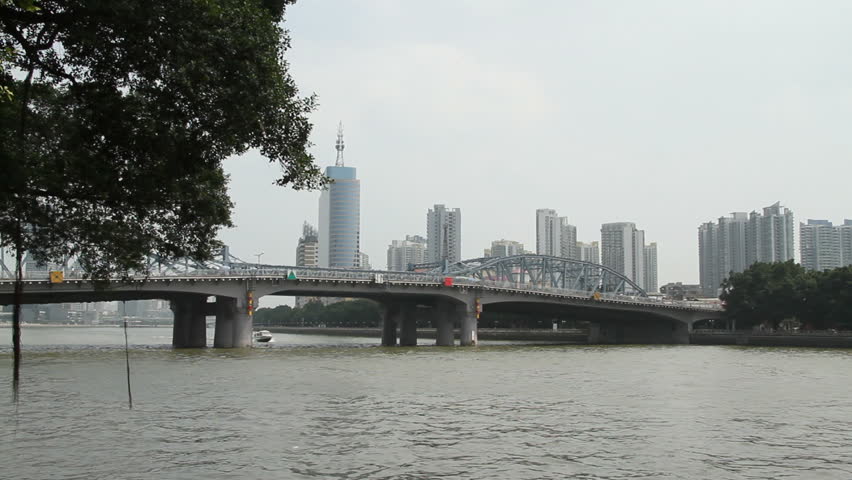 Haizhu Bridge and Guangzhou Skyline, Haizhu Bridge is an iron bridge across the