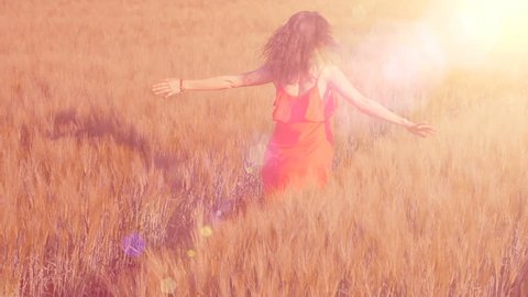 Beautiful Young Woman Running and turning on yellow wheat field, toned sunset lightens. Slow Motion 180 fps. Arkistovideo