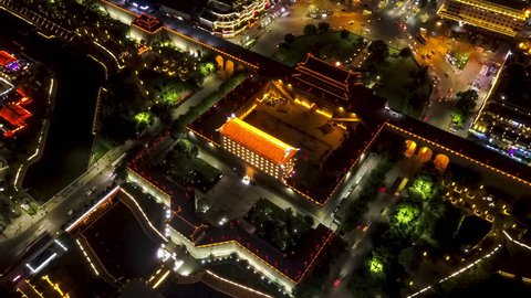Xian China Aerial Time Lapse Night v1 Circular birdseye TL around south city wall entrance. 5/17