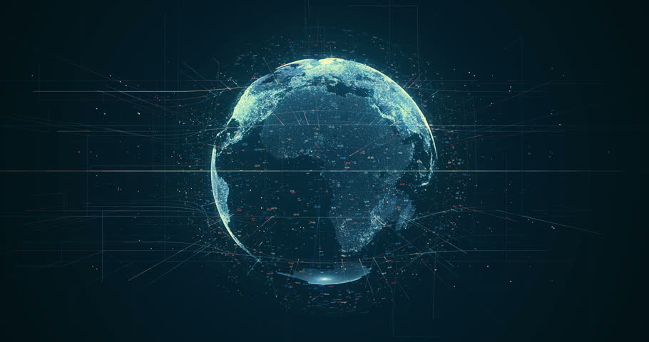 Digital data globe - abstract 3D rendering of a scientific technology data network surrounding planet earth conveying connectivity, complexity and data flood of modern digital age Royalty-Free Stock Footage #27873328
