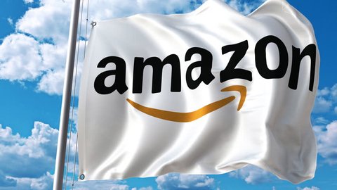 Waving flag with Amazon logo against moving clouds. 4K editorial animation