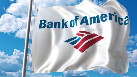 Waving flag with Bank Of America logo against moving clouds. 4K editorial animation
