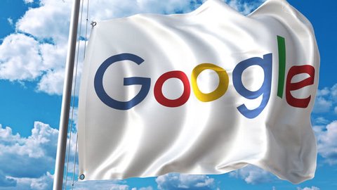 Waving flag with Google logo against moving clouds. 4K editorial animation