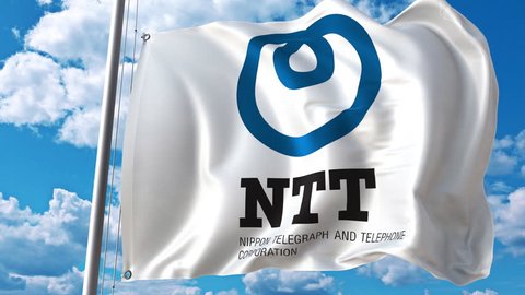 Waving flag with NTT logo against moving clouds. 4K editorial animation