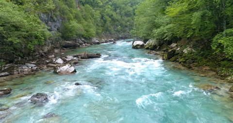 Mountain river with a rapid current surrounded by forests. Tara River, Montenegro.
 Aerial.	
