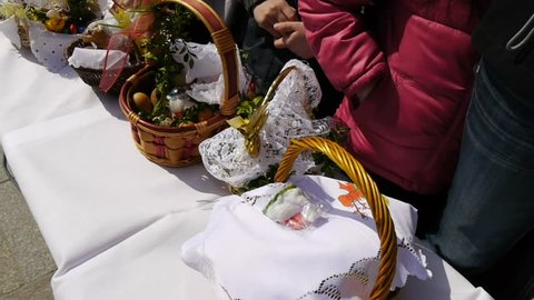 easter baskets ready for food blessing eastern european tradition steadicam slow motion footage
 Stock Video