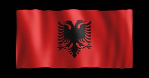 Flag of Albania; conformed to long ratio (2:1); gentle, stylized, non-realistic, unhinged waving; seamless loop animation with alpha channel; nice textile pattern visible in 4k