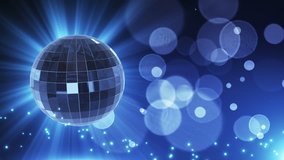 Spinning Disco Ball Party Themed Funky Fun Seamless Looping Motion Background Video Backdrop With Glowing Particles and Bokeh Blue Cyan