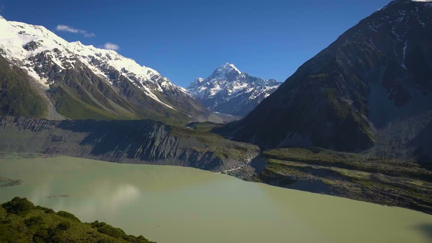 Mt Cook, New Zealand - Aerial view by drone flying over Hooker valley track, in Aoraki Mt Cook National Park.