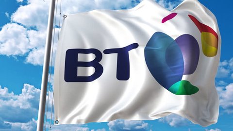 Waving flag with British Telecom BT logo against moving clouds. 4K editorial animation