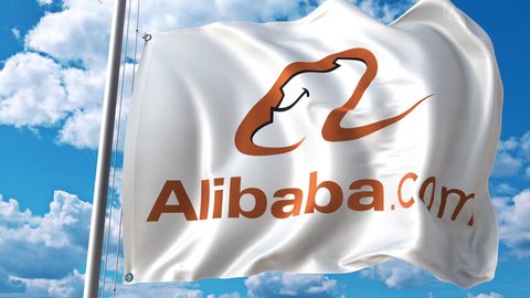 Waving flag with Alibaba logo against moving clouds. 4K editorial animation