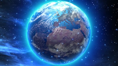 Dreamy Earth Blue Marble with Bright Blue Aura and Glow Spinning in Outer Space Fantasy Seamless Looping Motion Background Video Background Loop Version 2