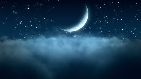 Flying Through Thin Clouds at Night with Beautiful Crescent Moon and Twinkling Stars in The Background Seamless Looping Motion Background Animated Video Backdrop 