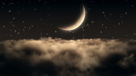 Flying Through Dense Clouds at Night with Beautiful Crescent Moon and Twinkling Stars in The Background Seamless Looping Motion Background Animated Video Backdrop Amber Brown Orange Sepia
