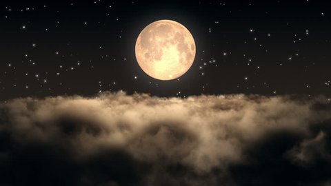 Flying Through Dense Clouds at Night with Beautiful Full Moon and Twinkling Stars in The Background Seamless Looping Motion Background Animated Video Backdrop Amber Brown Orange Sepia