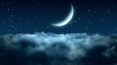 Flying Through Dense Clouds at Night with Beautiful Crescent Moon and Twinkling Stars in The Background Seamless Looping Motion Background Animated Video Backdrop Blue Cyan