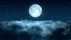 Flying Through Dense Clouds at Night with Beautiful Full Moon and Twinkling Stars in The Background Seamless Looping Motion Background Animated Video Backdrop Blue Cyan
