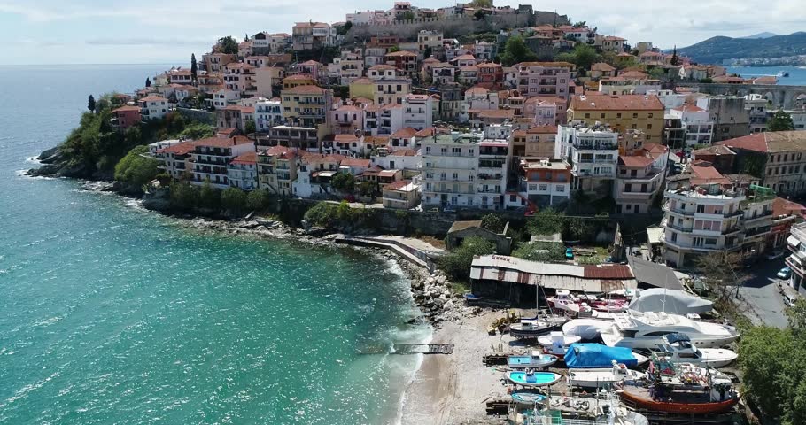 With drone flight above the old town of Kavala in northern Greece