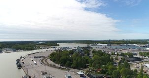 Turku castle, Cinema 4k aerial view towards turun linna, on a sunny summer day, in Turku, Finland