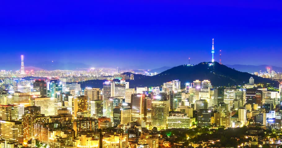 Beautiful city in night, cityscape of Seoul, South Korea, modern building and architecture at nighttime 