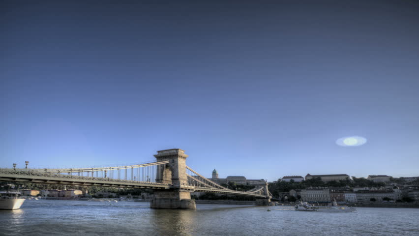 Timelapse of the Budapest Chain Bridge and Danube River from twilight to night