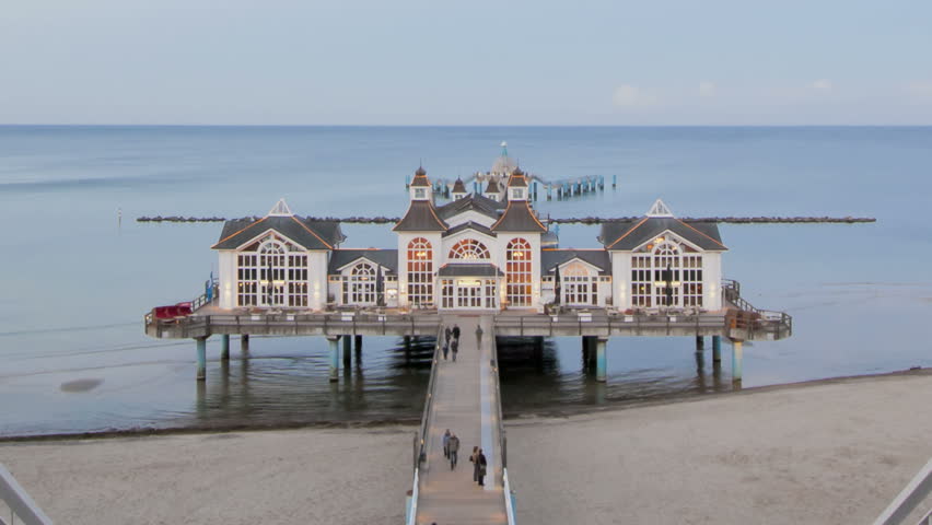 SELLIN, GERMANY, OCT 19, 2011: Timelapse sunset Baltic Sea at Pier Restaurant