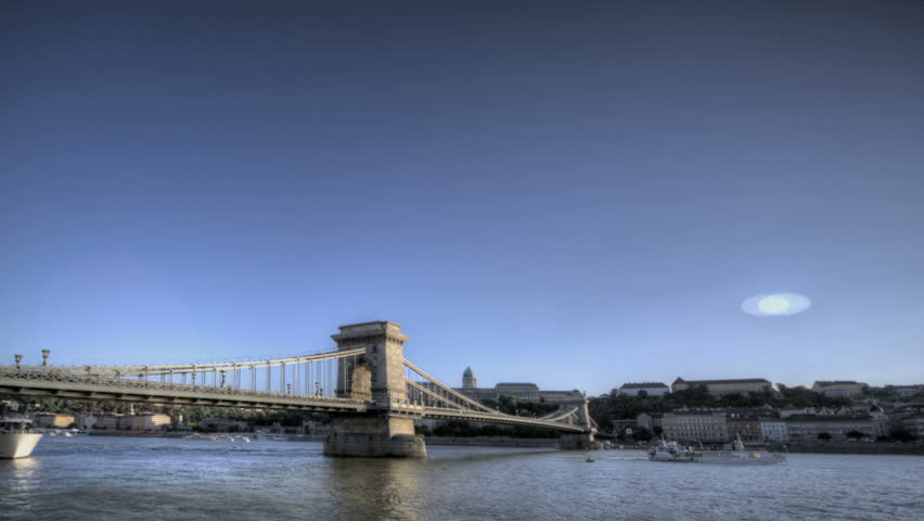 Timelapse of the Budapest Chain Bridge and Danube River from twilight to night