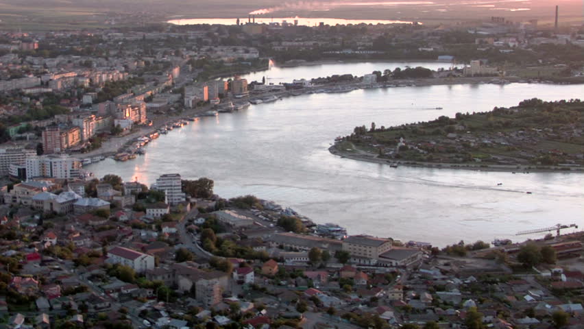 Aerial view of Tulcea city & Danube before flowing into the sea...