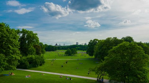 Englischer Garten in Munich, Bavaria, Germany. Timelapse view at a beautiful sunny day. 