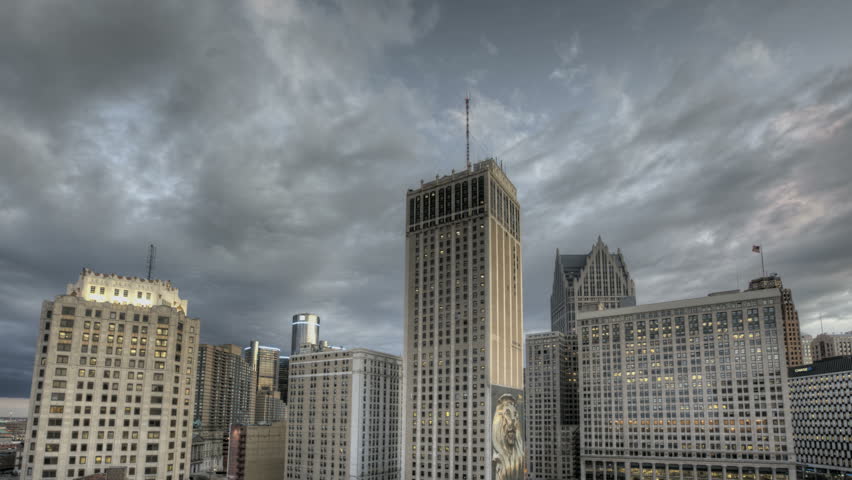 DETROIT, USA, NOV 7, 2011: HDR Timelapse Skyline downtown Detroit sunset from