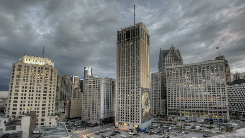 DETROIT, USA, NOV 7, 2011: HDR Timelapse Skyline downtown Detroit sunset from