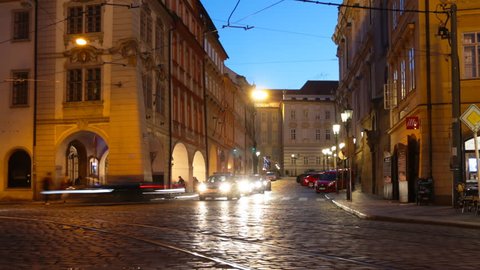 PRAGUE - JUNE 6: Time lapse shot of Night traffic in the center of Prague on June 6, 2017 in Prague.