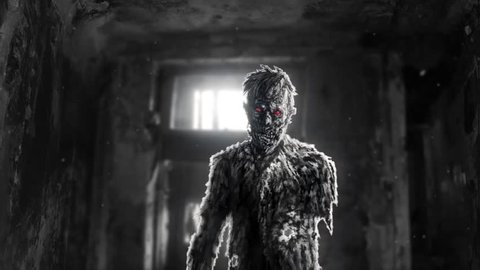 Dark evil zombie with red eyes entered room. Abandoned house with monster inside in black and white background colors. 2D animation for creepy Halloween in HD. Horror character concept. Scary places.