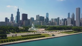 Drone Aerial video of Chicago, sunny day and traffic car