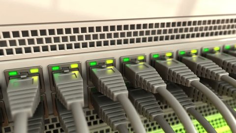 3d animation of network cables in server or router rack camera panning, seamless loop